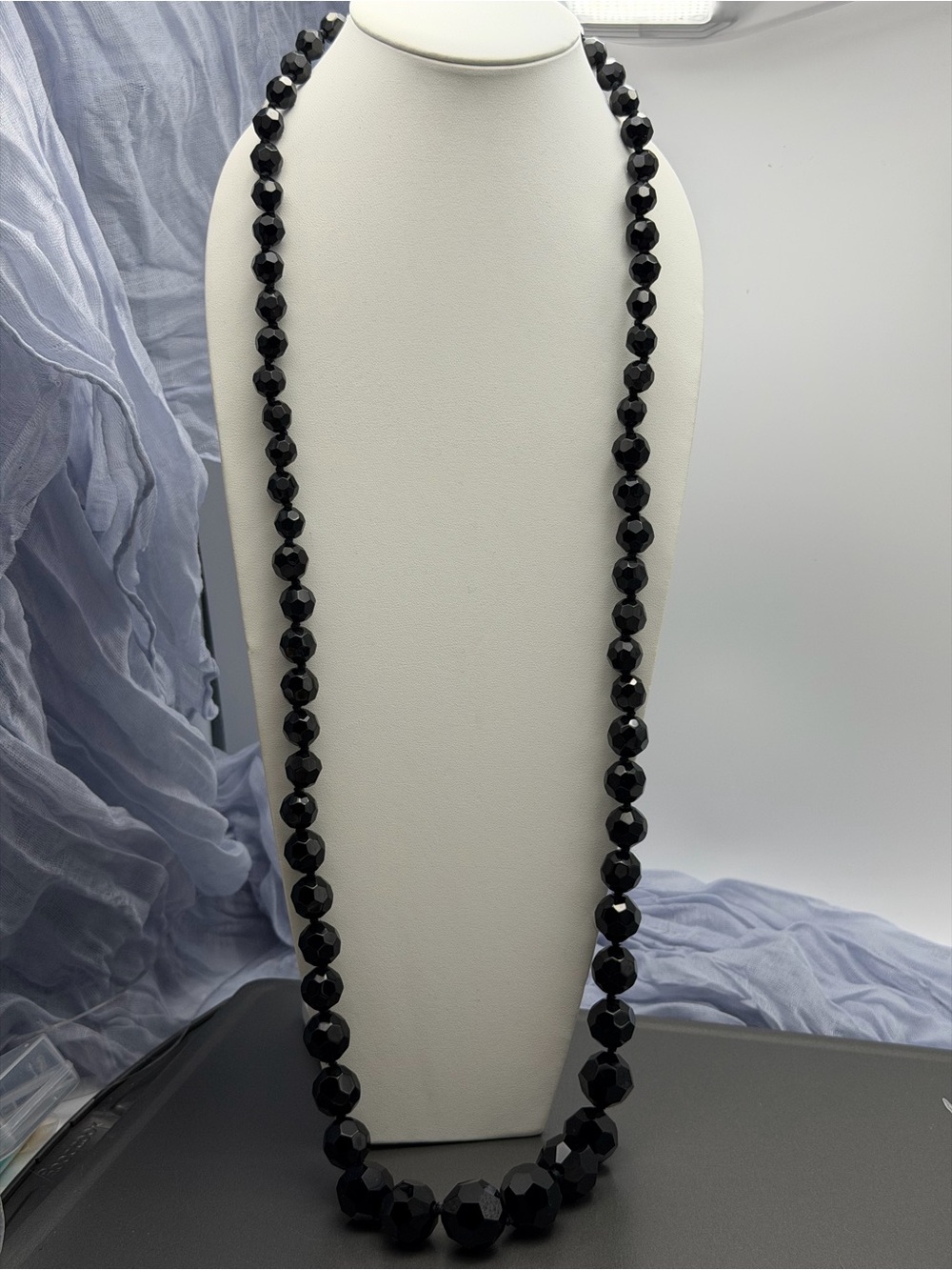 Vintage Carolee Black Faceted Glass Bead Long Necklace